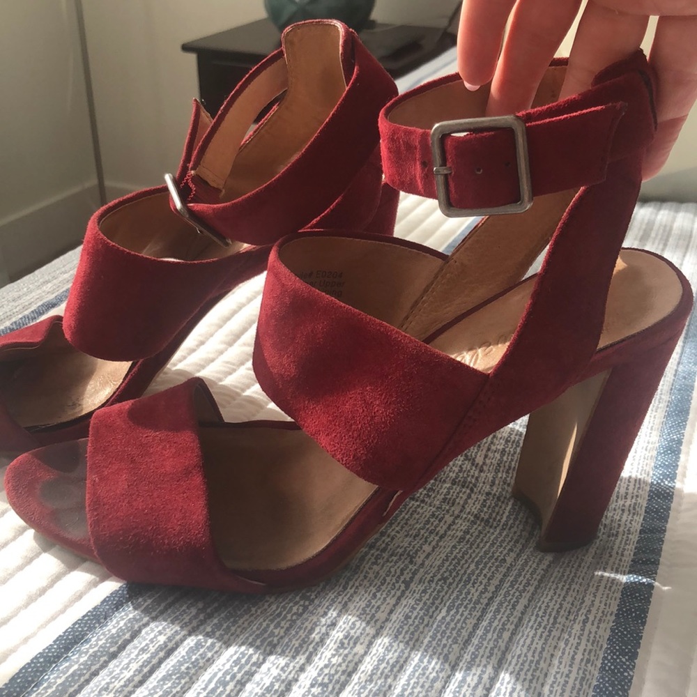 Madewell red suede ankle strap heels